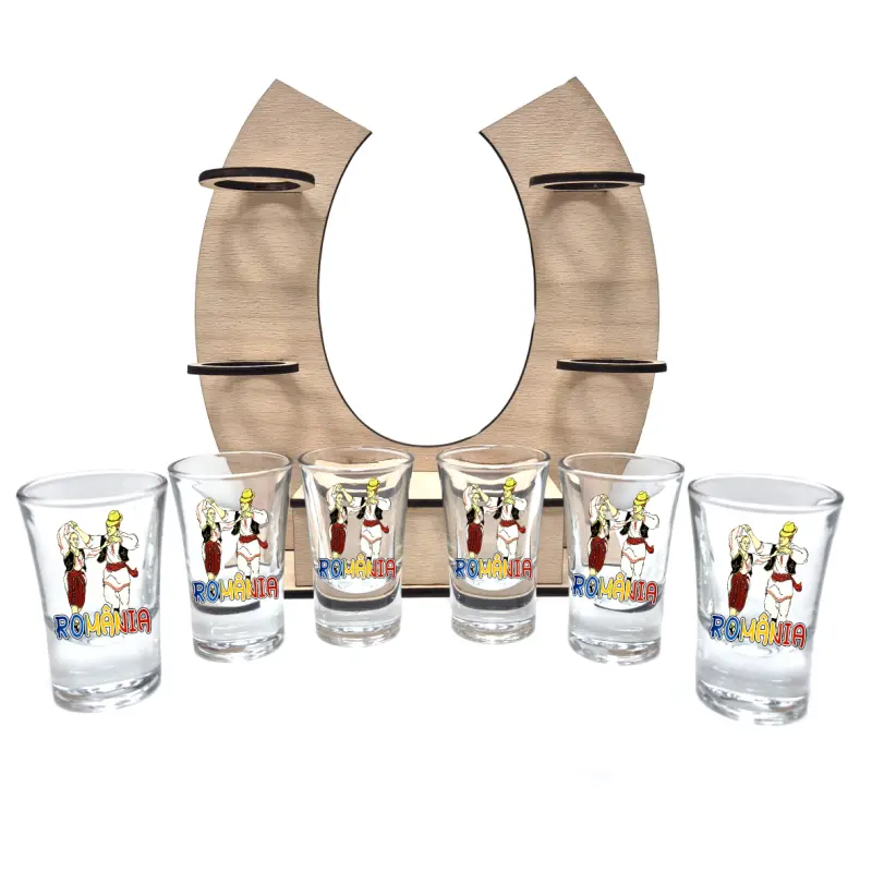 Tarani port popular romania, suport potcoava din lemn cu 6 pahare tip shout, model hgs042